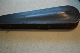 Old wooden violin case closed.  Handle, locking clasps work.