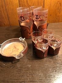 1950's Libbey Western Bar Glasses with leather holder and ashtray