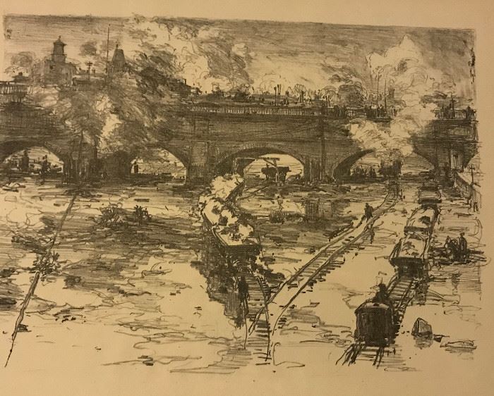 Original lithograph Riverwork, Aqueduct Street