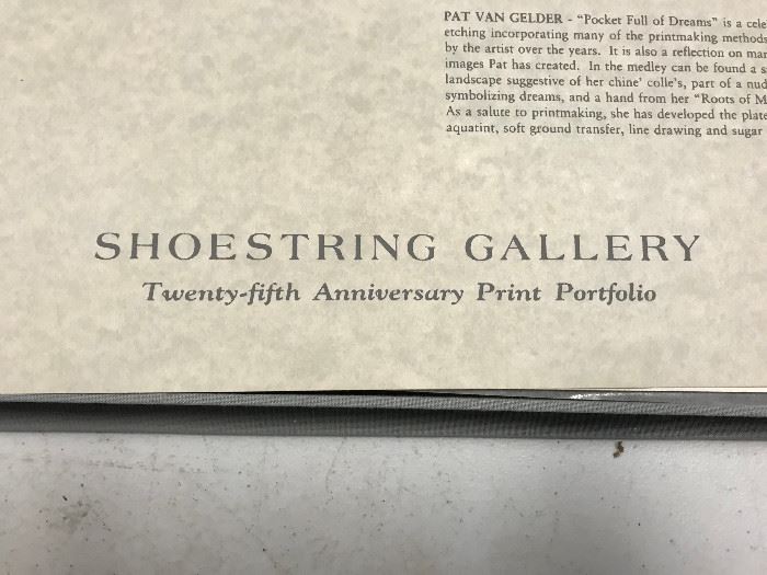 Shoestring Gallery 25th anniversary print portfolio. Artist include:  Sabra Richards, Pat Van Gelder, Grace Dibble, Carole Battle, Eric Bellmann, and more