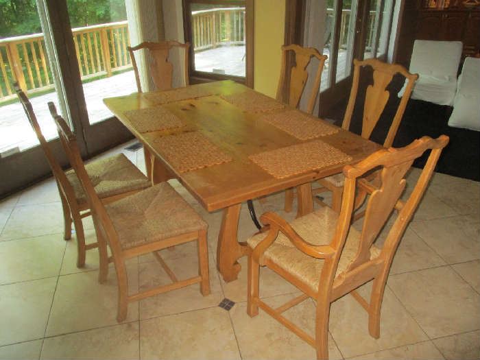 Pine dining room table and 6 chairs