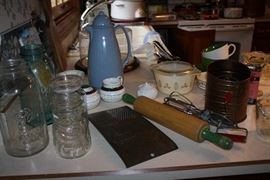 Vintage Utensils, Rolling Pin and Large Ball Jars