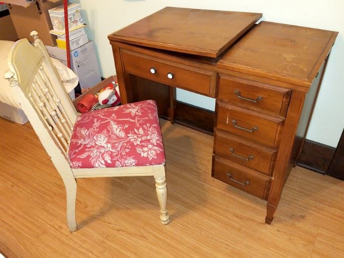 Desk (sewing machine cabinet). Vintage painted chair