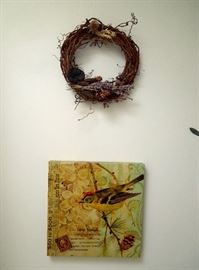 Postcard bird print on canvas and decorative wreath