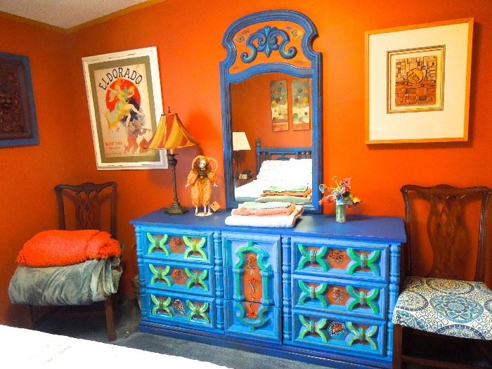Boho custom painted bedroom suite includes dresser with mirror, queen bed and bedside stand with drawers