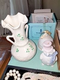 Belleek vase, Lladro snowman ornament, Lladro bell in box