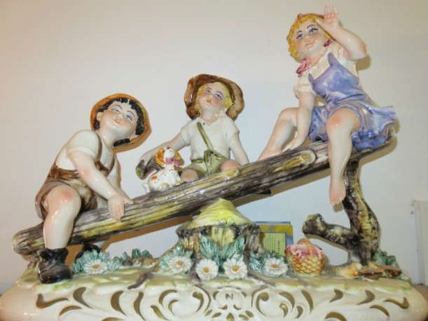 Large Capodimonti Children on See-Saw Porcelain Figurine Itally