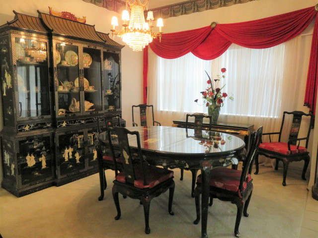 Vintage Oriental Black Lacquer Mother of Pearl Dining Room Set. Dining Table with 6/Chairs, Large China Hutch, Console Table. 