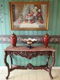 Serpentine Front Mahogany Marble Top Console Table 