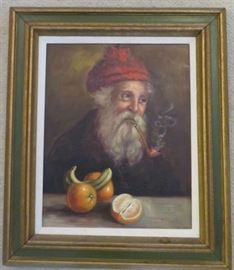 Vintage Old Man Smoking Pipe Oil Painting 