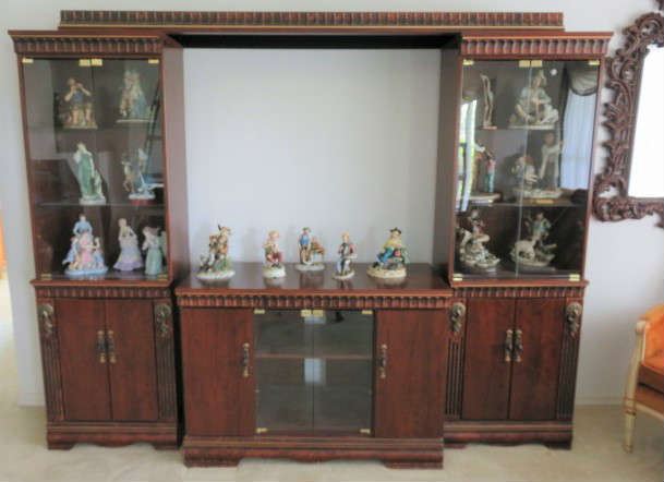 3 Piece Entertainment Center/TV Stand, Lighted Glass Cabinets, Capodimonte Porcelain Bisque Figurines  