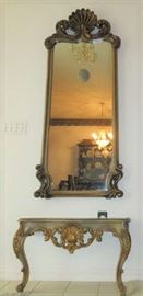 Large Ornate Shell Design Wood Wall Mirror with Matching Console Stand, Made in Spain
