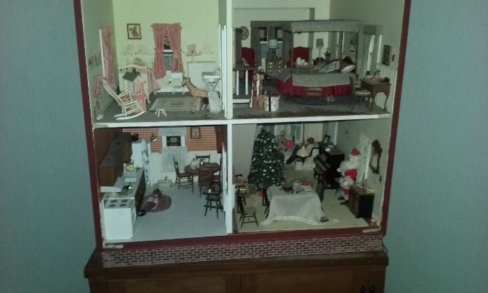 Hand crafted 3 story doll house fully furnished with dolls