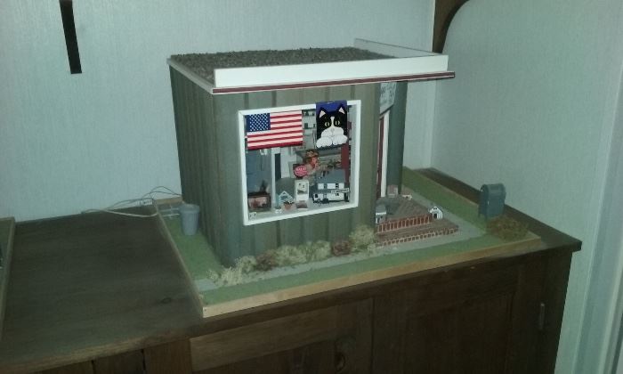 Country store doll house features cats. Hand designed 