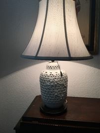 Pr.Vintage  22"Japanese Morihiro Sangyo Blanc de Chine Pierced Porcelain Lamps w/Night Lights