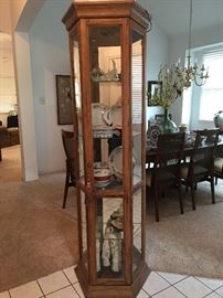 Oak Curio half hexagon shape, lighted
