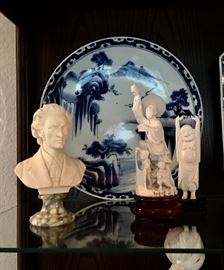 Marble Resin Bust, Ivory Asian Figures, 16" Blue & White Charger