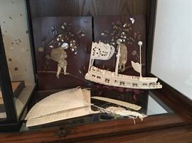 2-Mother of Pearl & Ivory Wood Plaques, Carved Ivory Boat on Stand, 2-Ivory Fans
