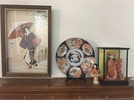 Geisha 3-D Picture, Vintage Imari Charger, Geisha Doll in Glass Case