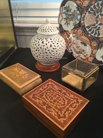 White Porcelain Reticulated Night Light, Music Boxes, Glass/Brass Box