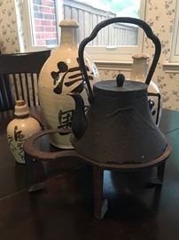 Antique Japanese Cast Iron, Embossed Teapot "Tetsubin", w/Nanbu Tekki Stand, Assortment of antique Saki Bottles