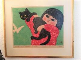 "Girl with Cat" by G. Mura Kame 1971 #54/200 signed print