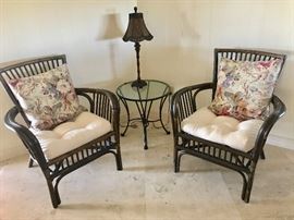 Incredible Italian Rattan Curved Arm Chairs w/Ralph Lauren Custom Cushions