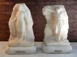 ARTIST SIGNED MARBLE BOOKENDS DEPICTING MUSIC & POETRY