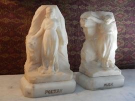 ARTIST SIGNED MARBLE BOOKENDS DEPICTING MUSIC & POETRY