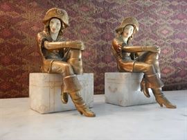 COLD PAINTED BRONZE FIGURED BOOKENDS WITH MARBLE BASE