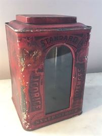 ANTIQUE LICORICE ADVERTISING TIN WITH GLASS FRONT - 1884