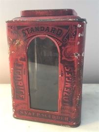 ANTIQUE LICORICE ADVERTISING TIN WITH GLASS FRONT - 1884