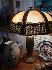 BRADLEY HUBBARD LAMP WITH SLAG GLASS SHADE