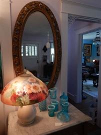 OVAL MIRROR & HANDEL REVERSE PAINTED CHIPPED ICE LAMP SHADE-SIGNED