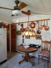 COPPER COOKWARE, PEDESTAL TABLE, OLD CEILING FAN