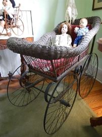 WICKER BUGGY WITH GERMAN DOLL & COMPOSITION BOY DOLL