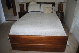 1950/60s full size bed with shelf space in headboard. 2 matching nightstands with shelf and drawer.