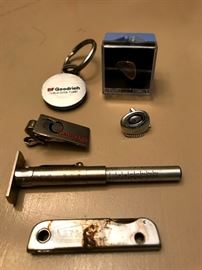 Wonderful BF Goodrich advertising pieces - tie pin, key ring, tire tool, knife and more