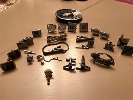 Great cuff links and tie pins - some are Swank Also "Passing Gas" Aubrey Beardsley belt buckle by Indiana Metal Craft