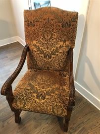 Tapestry and leather dining chair; one of six.