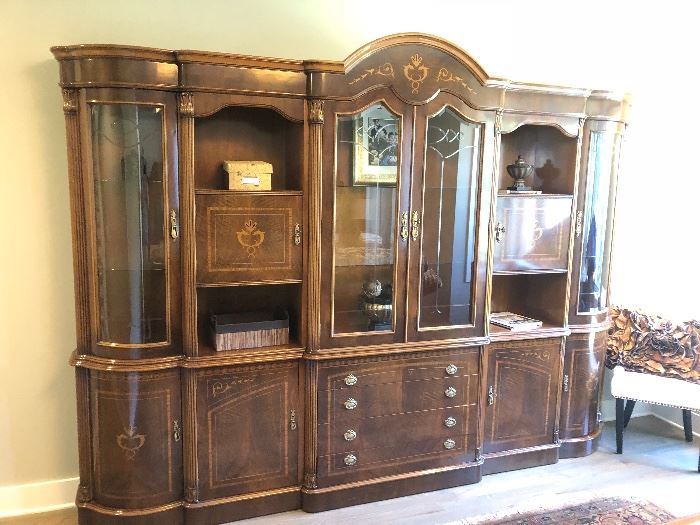 Large curio/storage cabinet. Dis-assembles into approximately 8 pieces. Cut glass doors; in lay. Purchased in Spain.