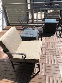 Outdoor patio chairs (show with and without cushions), tables