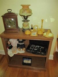 BOOKCASE, MANTLE CLOCK, LAMP, VANITY SET, DOLLS, CLARINET