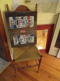 LICENSE PLATE ART, CHAIR, MIRROR