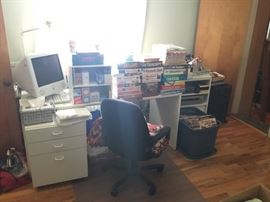 APPLE COMPUTER, DESK, DESK CHAIR, VINTAGE BOARD GAMES, OFFICE SUPPLIES