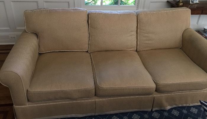 32.  Pair of Beige Herringbone 3 Cushion Rollarm Sofa w/ Contrast Welting (90'' x 42'' x 31'')