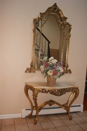 Marble Topped Gold Tone Foyer Table & Mirror with Decorative