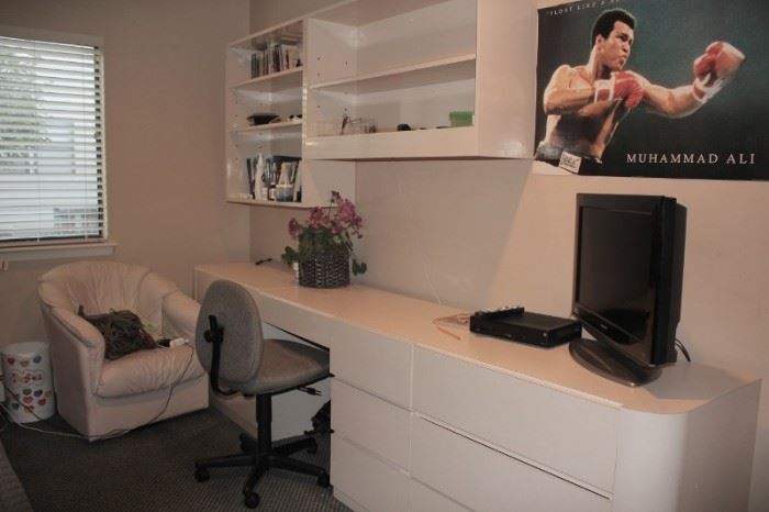 White Furniture - Desk, Dresser, Shelves, Desk Chair and Side Chair with Muhammad Ali Poster
