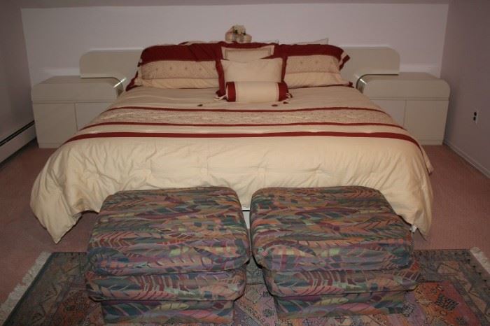 Bed with Attached Headboard and Nightstands and Cushions