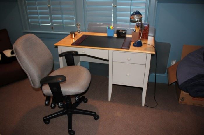 Desk and Desk Chair with Desk Lamp and Blotter